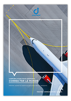 Commend: Airport Communication Aerial view of an airplane on a tarmac with a white frame and Commend logo, text about airport communication.