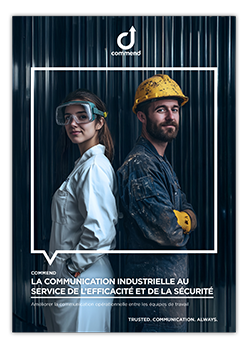 Industrial Communication Solutions Man and woman, industrial workers, back-to-back, symbolizing secure communication and teamwork.
