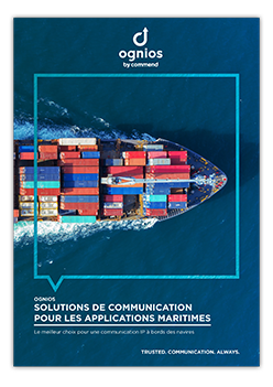 Ognios Maritime Communication Solutions Brochure showing a container ship at sea, promoting Ognios communication solutions for maritime use.