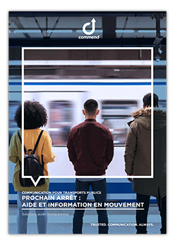 Next Stop: Help & Info on the Go People on a subway platform looking at a train, Commend logo and public transport communication text.