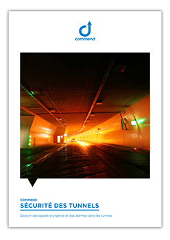 Tunnel Security: Commend Solutions Brochure cover: 'Commend Tunnel Security'. Features a brightly lit tunnel, emphasizing emergency communication systems.