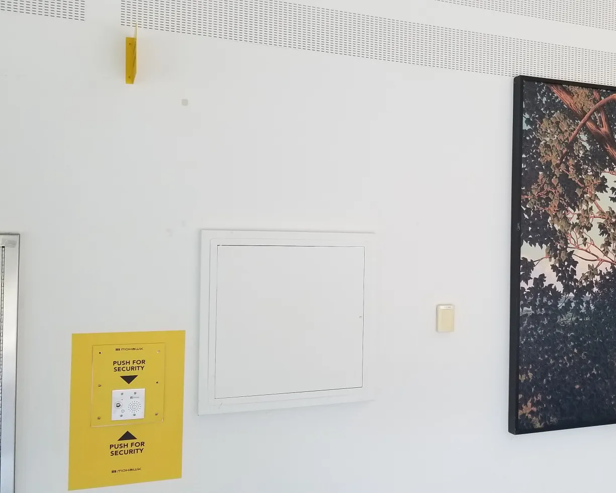 Wall-mounted emergency intercom providing fast security communication in a campus building.