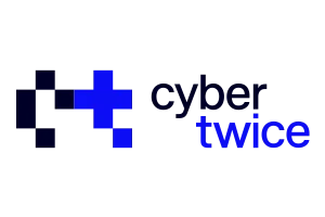 Logo of CyberTwice. Dark grey text, red eye icon as 'e', and a red line underneath. Represents advanced security and communication.