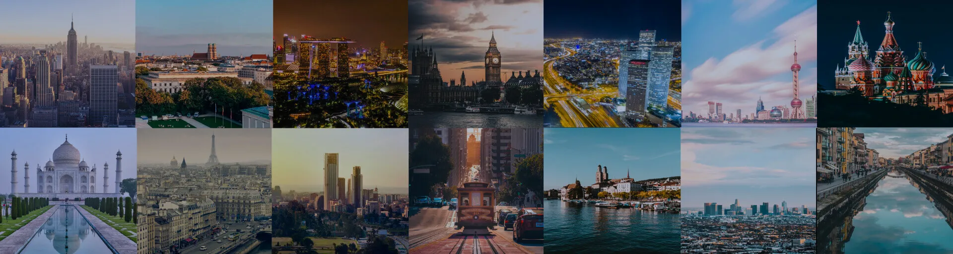 Collage de ciudades y monumentos (NYC, Londres, París, Moscú, Taj Mahal), mostrando un alcance mundial.