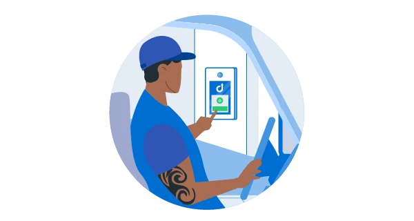 Illustration: Driver in vehicle touches a communication system panel with a 'd' logo for access.