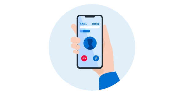 Hand holding smartphone with active intercom call screen. Shows call timer, user icon, hang-up, and door unlock button.