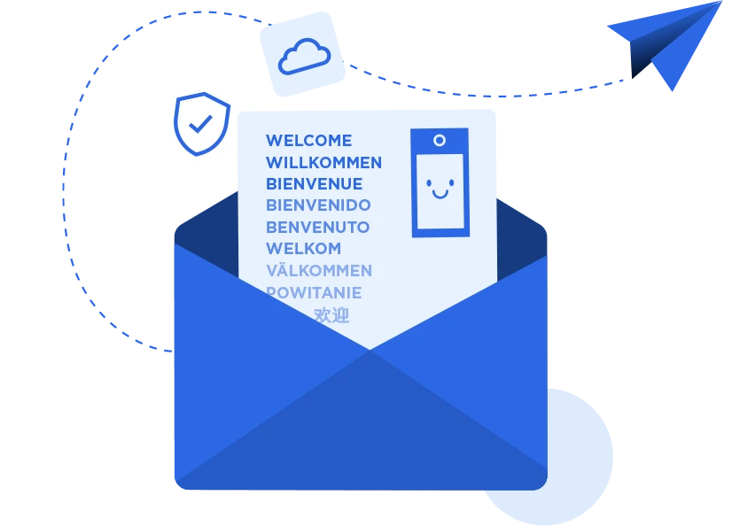 Global Communication & Secure Welcome Blue envelope with multi-language welcome message, mobile icon, security shield, cloud, and paper plane.