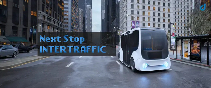 Futuristic driverless shuttle in a city street, 'Next Stop INTERTRAFFIC' text.
