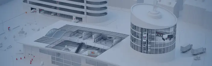 Urban Comm. & Security Design 3D rendering of an urban area with a car park, a building with escalators, and a control tower with intercoms.