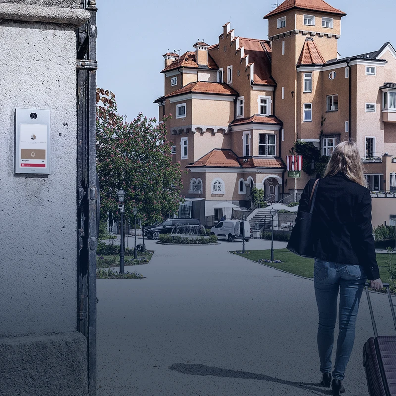Hotel entrance with intercom system for doors and gates ensuring safe guest communication