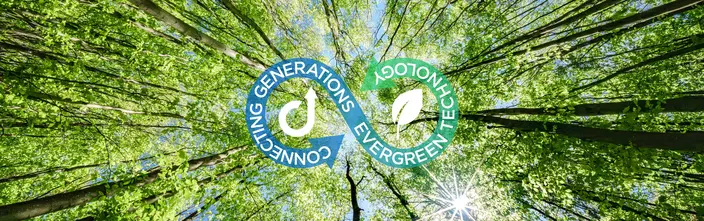 Connecting Generations with Evergreen Tech Logo "Connecting Generations, Evergreen Technology" over a lush green forest canopy with bright sun rays.