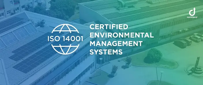 ISO 14001 Environmental Management System Aerial view of a building with solar panels, ISO 14001 certification text.
