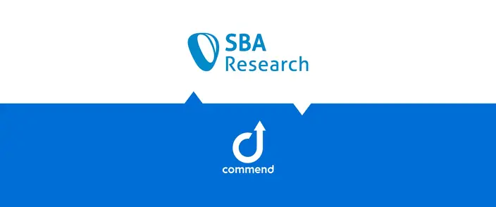 Logos of SBA Research (white background) and Commend (blue background) joined by a graphic element.