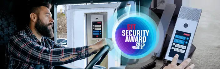 Award-Winning Intercom for Secure Access Truck driver using an intercom system at a gate, displaying chat messages. GIT Security Award 2026 Finalist logo is visible.