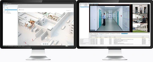 Integrierte Sicherheits-Sprechanlage Zwei Monitore mit integriertem Sicherheitssystem, Gebäudekarte, Live-Video von Sprechanlagen und Ereignisprotokoll.