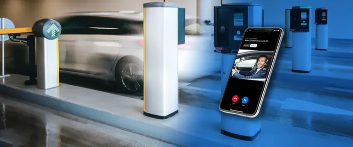 Smart Intercom for Parking Management Smartphone showing video call with driver at a car park intercom; barrier and car in motion in background.