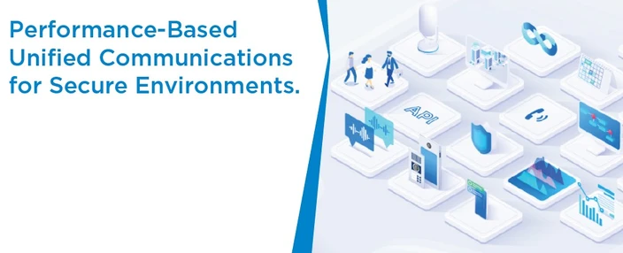 Comunicazioni Unificate per Ambienti Sicuri Illustrazione astratta di icone di comunicazioni unificate e sicurezza su piattaforme con testo.