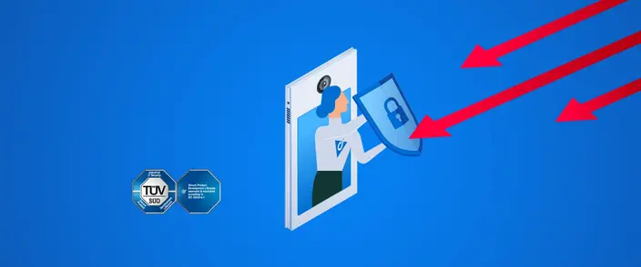 Secure Intercom: Protecting Your Home A person in an intercom screen shields against threats, highlighting a secure communication system with TÜV SÜD certification.