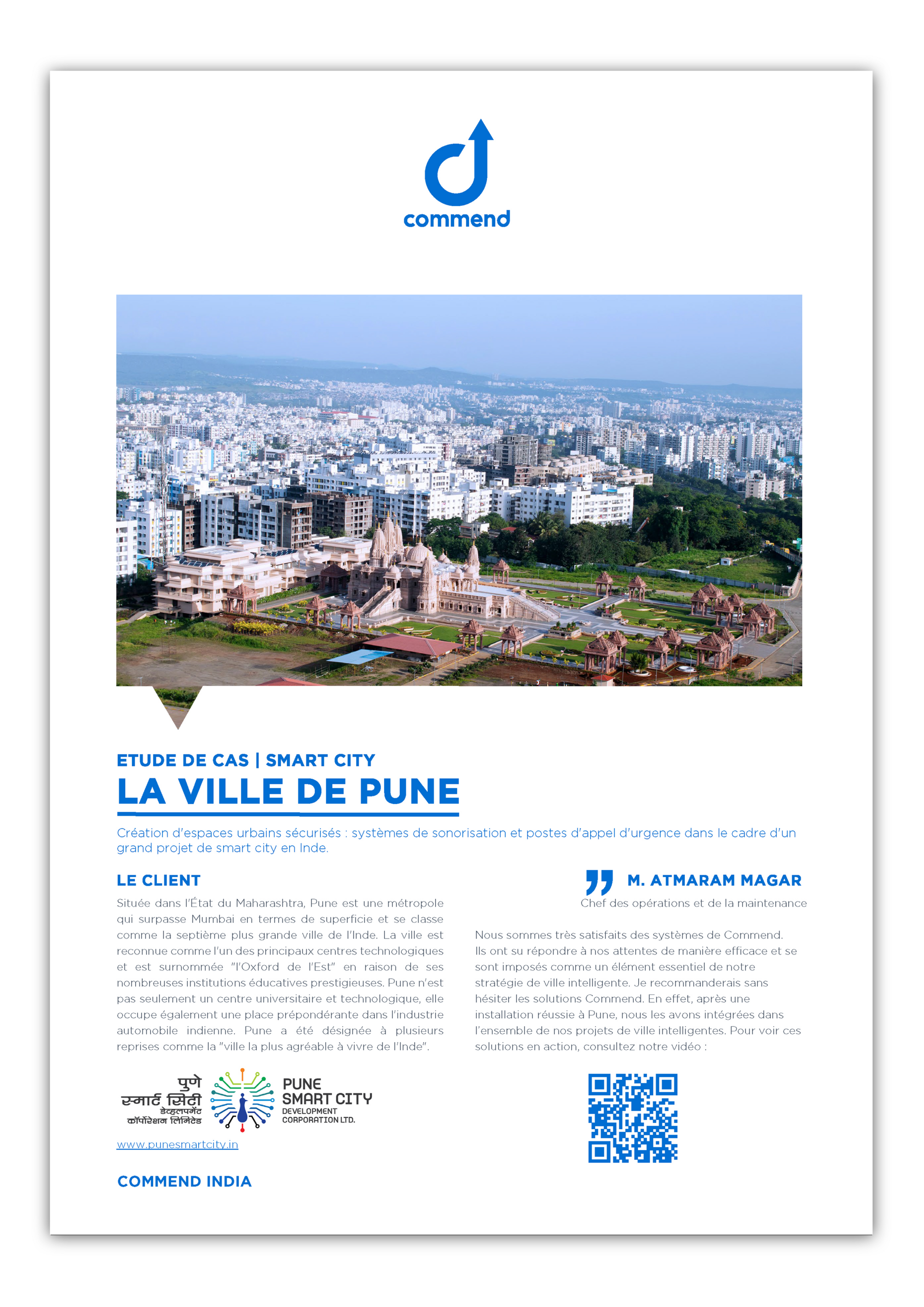 Aerial view of Pune, India, with temple, city buildings, and Commend logo for a Smart City project.