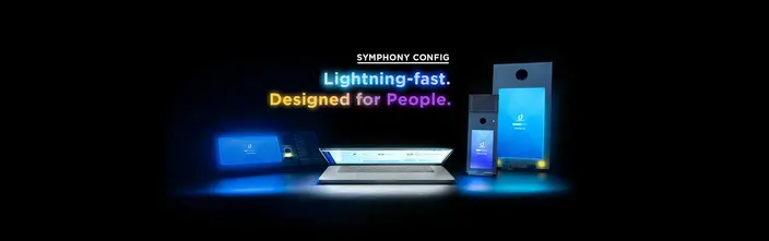 Symphony Config: Schnelle Sprechanlagenlösung Laptop und Sprechstellen zeigen "Symphony Config" Software, mit blauem Licht auf dunklem Hintergrund beleuchtet.