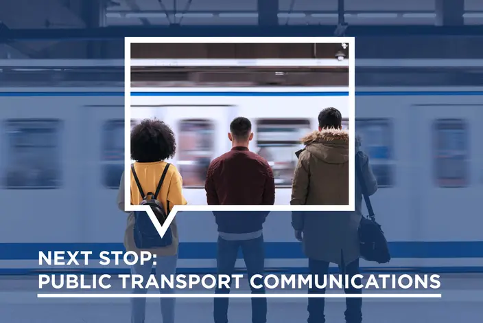 People on subway platform watch moving train. Text overlay: "NEXT STOP: PUBLIC TRANSPORT COMMUNICATIONS".
