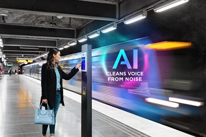 Interphone IA pour communication claire Femme utilisant un interphone intelligent sur un quai de métro bruyant, avec train et IA anti-bruit.