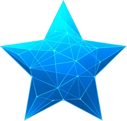 A glowing blue 3D star made of interconnected lines and dots, resembling a digital network or abstract geometric structure. Dark blue background.