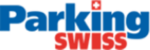 Logo for Parking Swiss, blue and red text with a small Swiss cross.