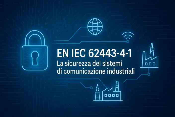 EN IEC 62443-4-1: Sicurezza Sistemi Ind. Immagine dello standard EN IEC 62443-4-1 per la sicurezza delle comunicazioni industriali con lucchetto e fabbriche.