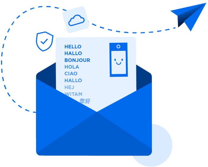 Smart Intercom & Secure Communication Blue envelope opens to show a smart intercom solution: security shield, cloud, mobile icon, and 'Hello' in many languages, representing global, secure communication.