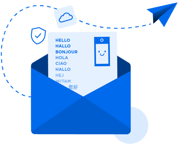 Blue envelope opens to show a smart intercom solution: security shield, cloud, mobile icon, and 'Hello' in many languages, representing global, secure communication.