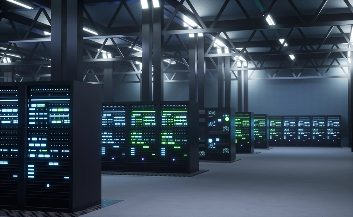 Cutting-Edge Data Center Server room with glowing racks, advanced communication systems visible.