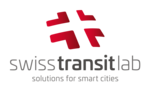 Logo of Swiss Transit Lab: Red abstract cross icon, grey text 'swisstransitlab' and 'solutions for smart cities'.