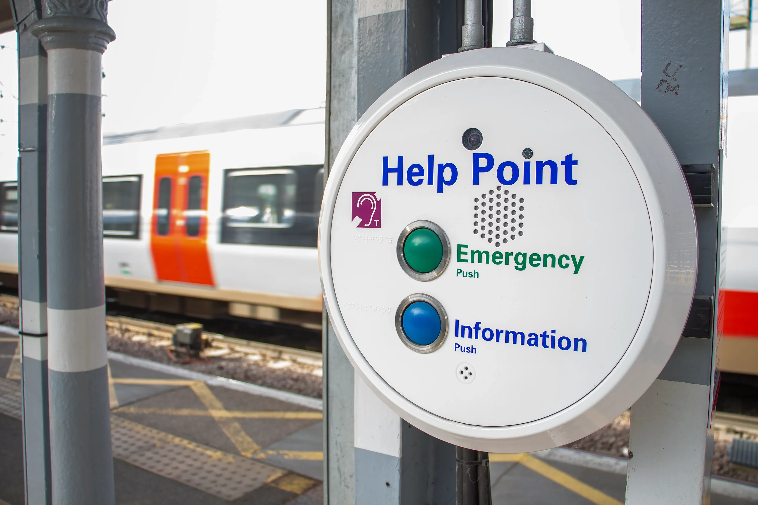 Railway help point with emergency and information intercom at station