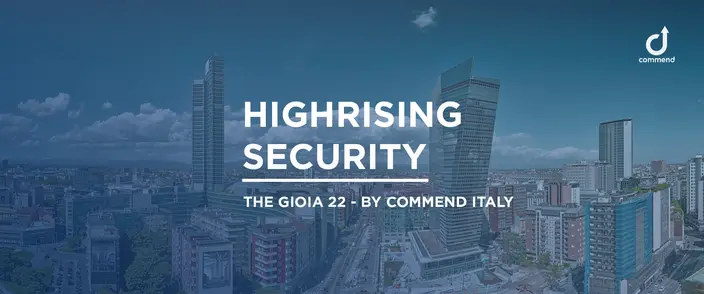 High-Rise Security for Gioia 22 Aerial view of contemporary skyscrapers in a city, with "HIGH-RISING SECURITY" text.