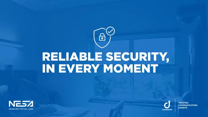 Reliable Security for Healthcare Hospital room with "Reliable Security, In Every Moment" text, security icon, and logos.