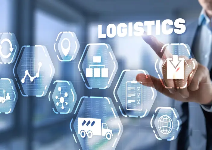 Digital Logistics Solutions Hand touching a screen with "LOGISTICS" and icons like truck, globe, chart, and location pin.