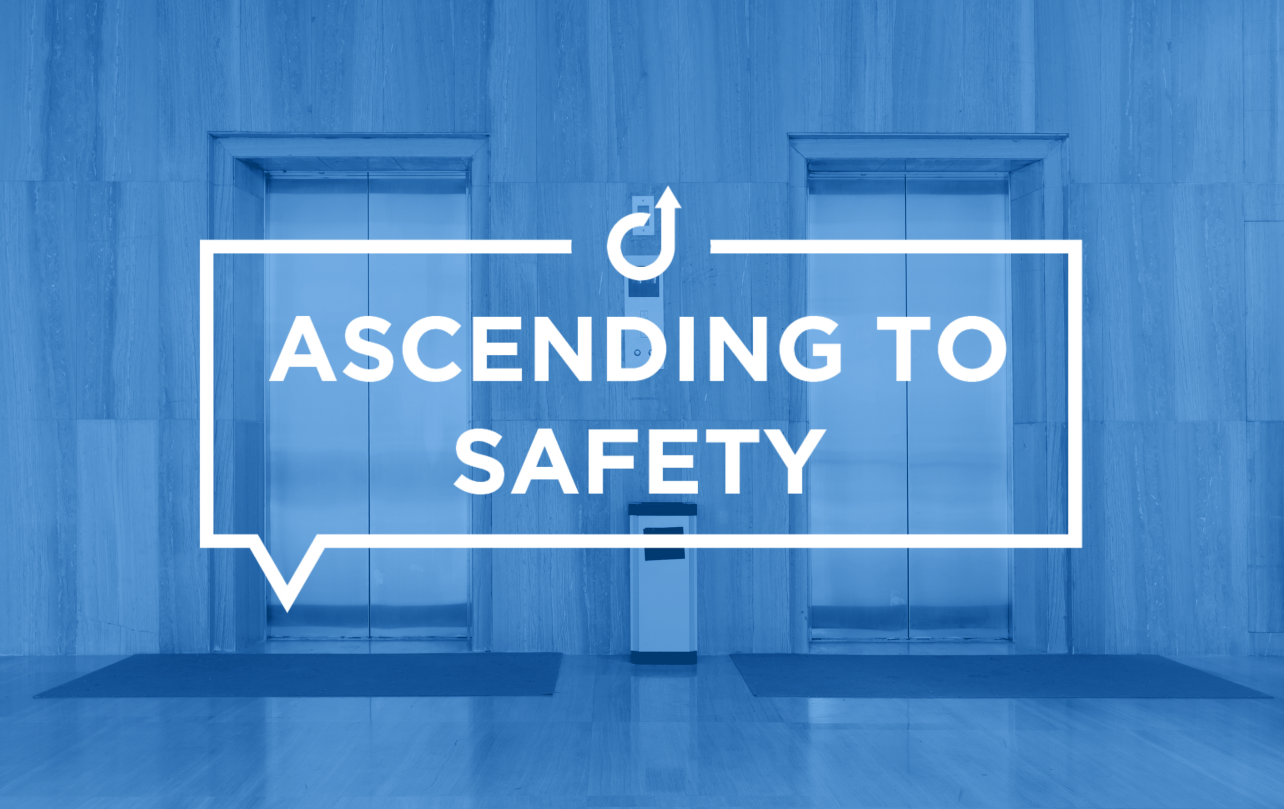 Imagen azul de puertas de ascensor con "ASCENDING TO SAFETY" y flecha ascendente, representa seguridad con interfonía.