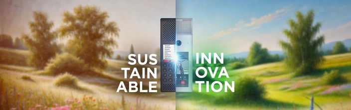 Interphone: Innovation Durable Un système d'interphonie divisé, avec 'DURABLE' à gauche, 'INNOVATION' à droite, sur fond naturel.
