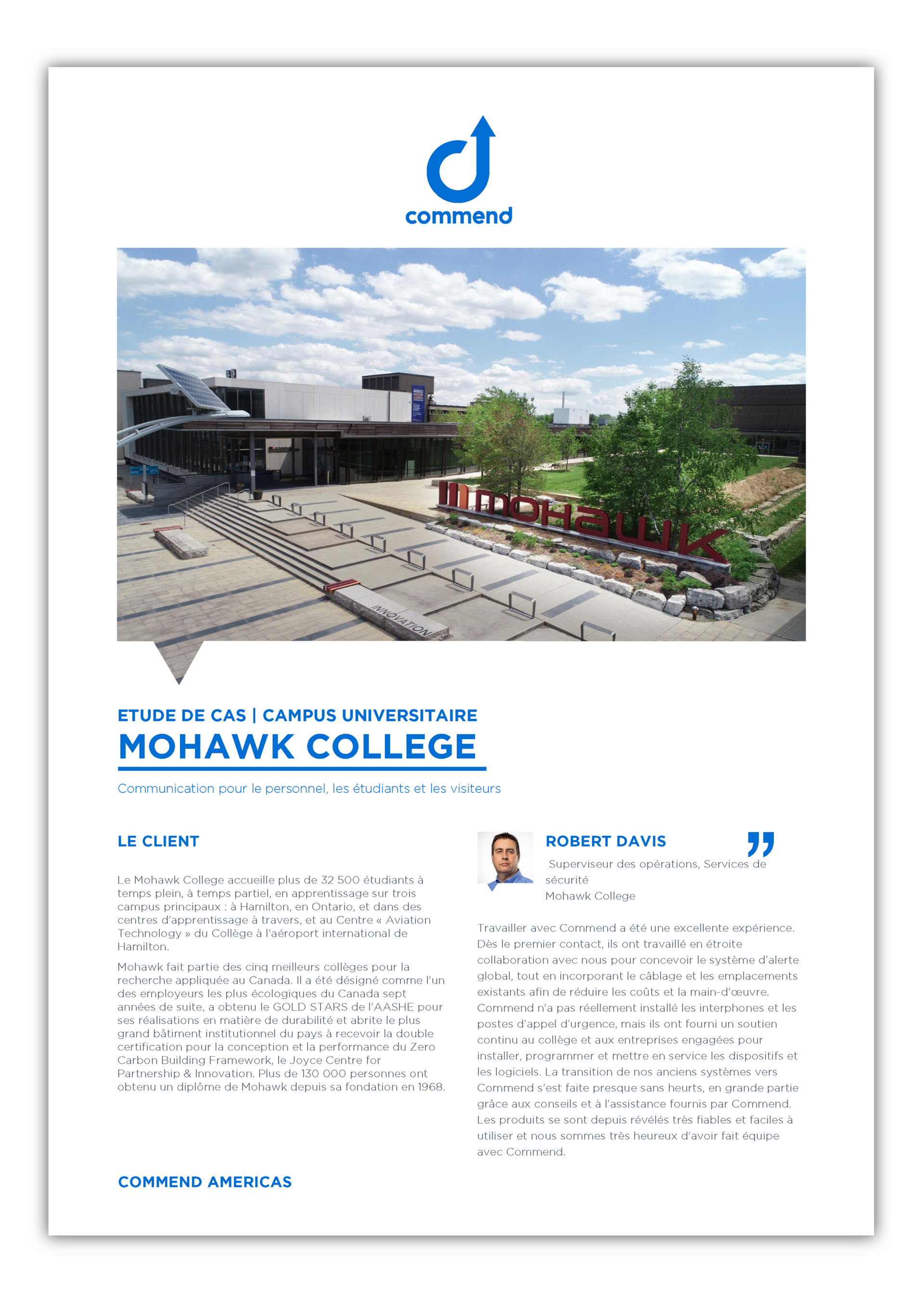 Exterior of Mohawk College, a modern campus building with 'Mohawk' sign, pathways, and a solar panel.