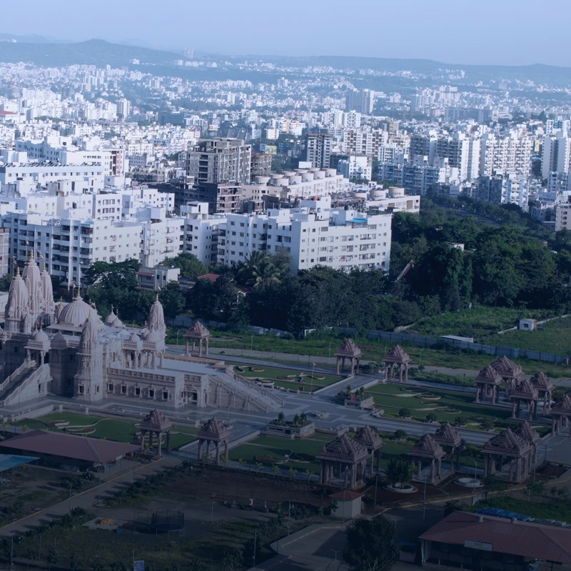 Aerial view of Pune city featuring safer urban areas with modern communication systems