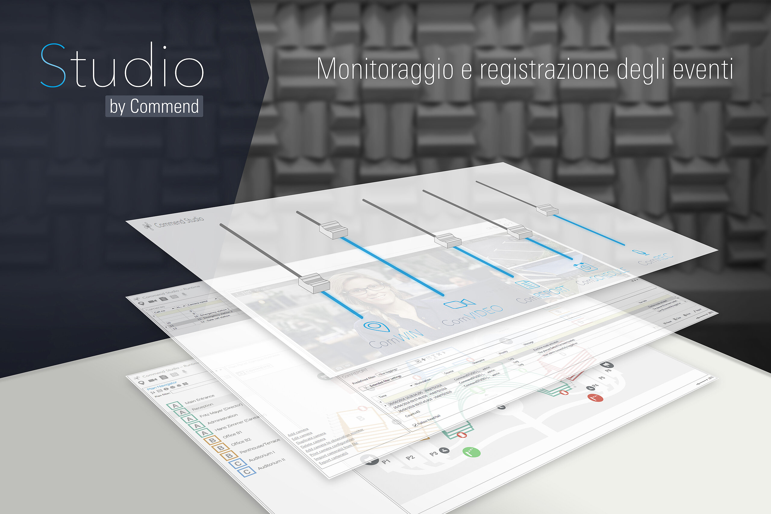 Interface logicielle Commend Studio pour la gestion d'interphones, vidéo et journaux d'événements.
