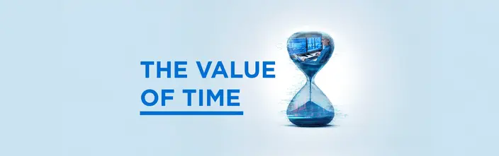 The Value of Time in Digital Work Hourglass with a digital worker and multiple screens inside, symbolizing time, efficiency, and data-driven productivity. Text: The Value of Time.