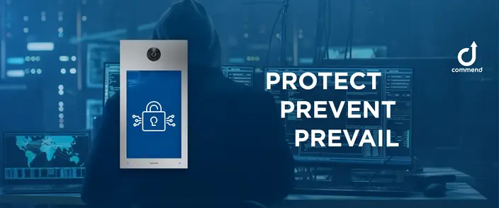 Commend intercom with security icon and hacker, 'PROTECT PREVENT PREVAIL' slogan.