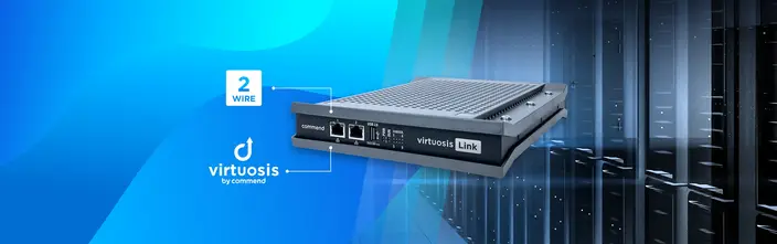 Virtuosis Link 2-Draht Sprechanlage Virtuosis Link 2-Draht Sprechanlage von Commend vor blauem Hintergrund und Serverschränken.
