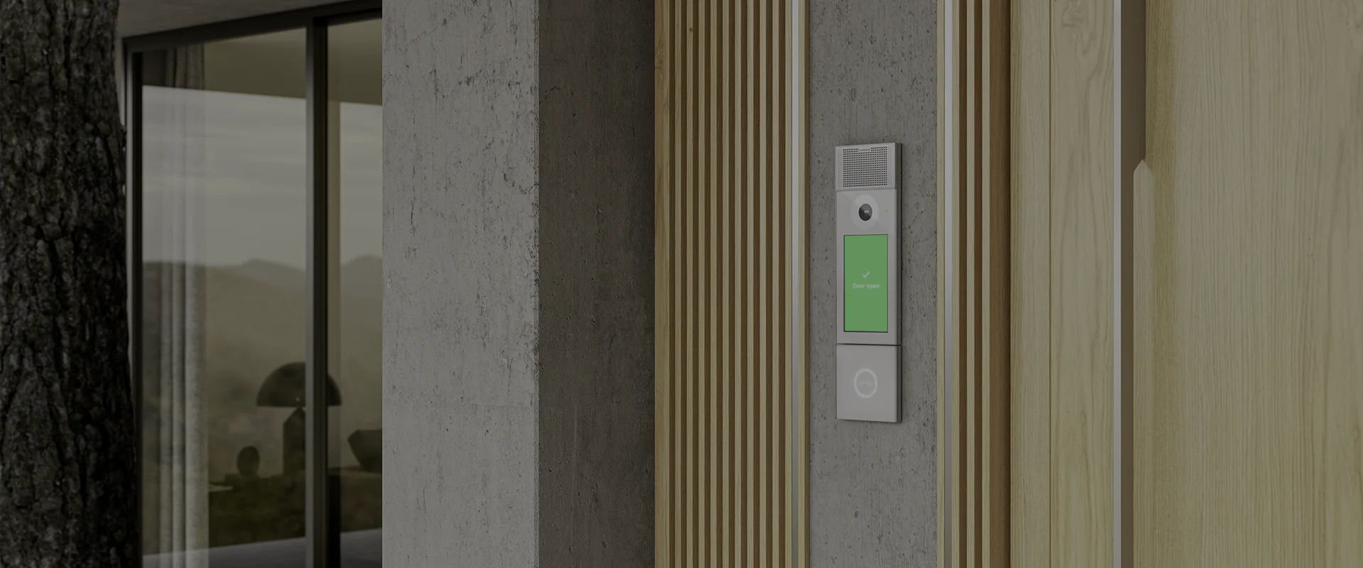 Modern Intercom for Home Entrance A modern intercom on a concrete wall with wood paneling, displaying "Door open" message.