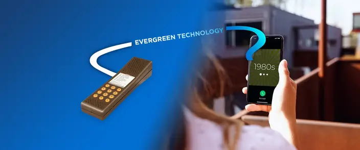 Evergreen Communication: 80s to Today An old brown intercom is connected by a curved line to a modern smartphone displaying "1980s" and "Accept".