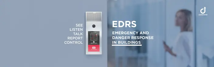 EDRS: Emergency Response System Commend emergency communication station with camera, screen, SOS button, and 'EDRS' text.