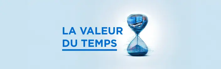 Sablier numérique avec un homme travaillant sur des ordinateurs, texte 'La Valeur du Temps'.