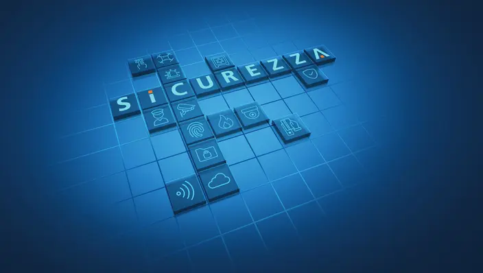 Seguridad Integral: El Crucigrama SICUREZZA Crucigrama 3D con 'SICUREZZA' e íconos de seguridad: CCTV, acceso, alarma, interfonía.